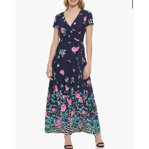 NWT Eliza J Everyday Soft Maxi Dress Navy Dot Floral Wrap V-Neck Belt Size 4
